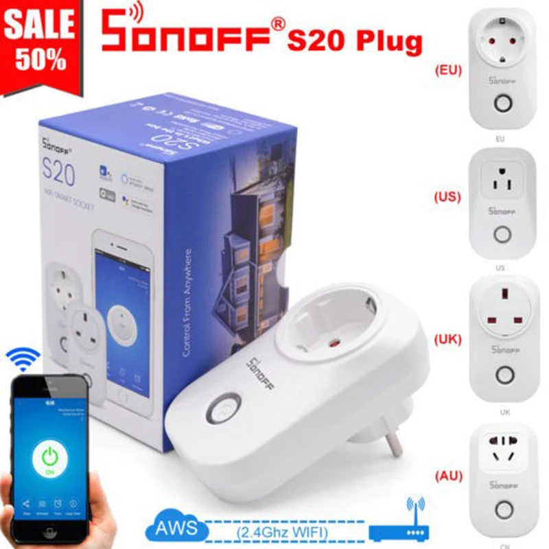 Интеллектуальный выключатель света Sonoff S20 умная Wi-Fi розетка CN AU UK US EU Plug Беспроводной дистанционного розетка переключатель Wi-Fi работает с Alexa Google домашний помощник