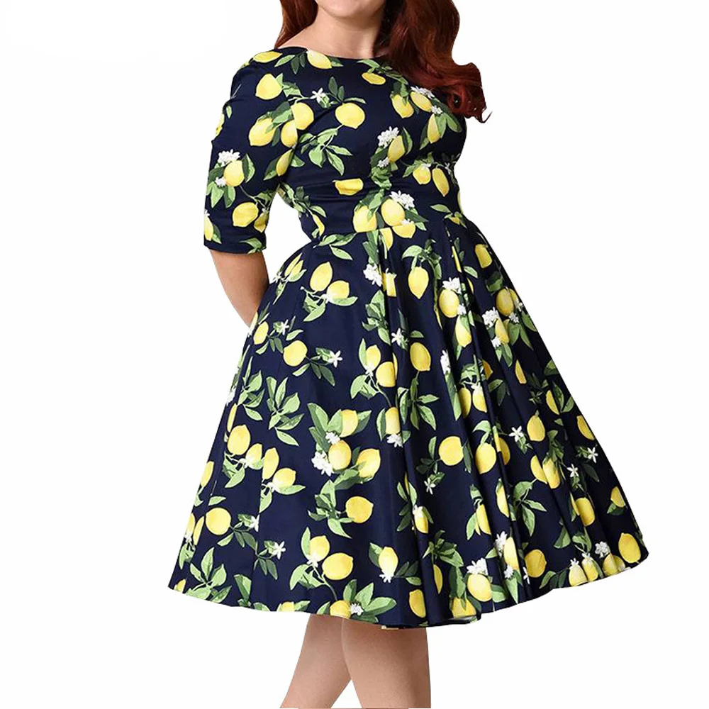 Joineles плюс размер 9XL лимонный принт женское летнее платье с круглым вырезом с коротким рукавом с высокой талией ретро платье 60 s Вечерние Платья De Festa
