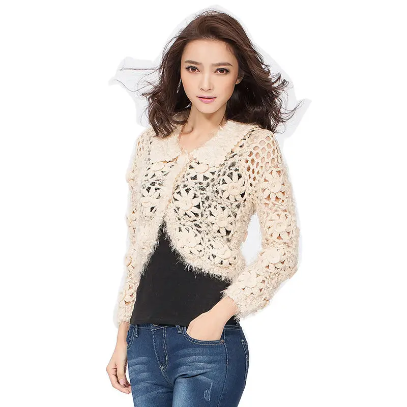 Handgestrickte Herbst Elegante Mode Frauen Strickjacke Pullover Dick Crochet Shrug Aushöhlen Open Stich kurze strickjacken