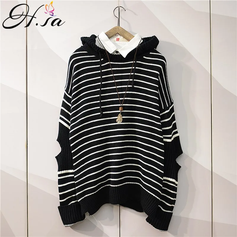 

HSA Women Harajuku Chic Hooded Sweaters 2018 Girls Borken Hole Striped Jumpers roupas feminina Chirstmas Sweater Pull Femme