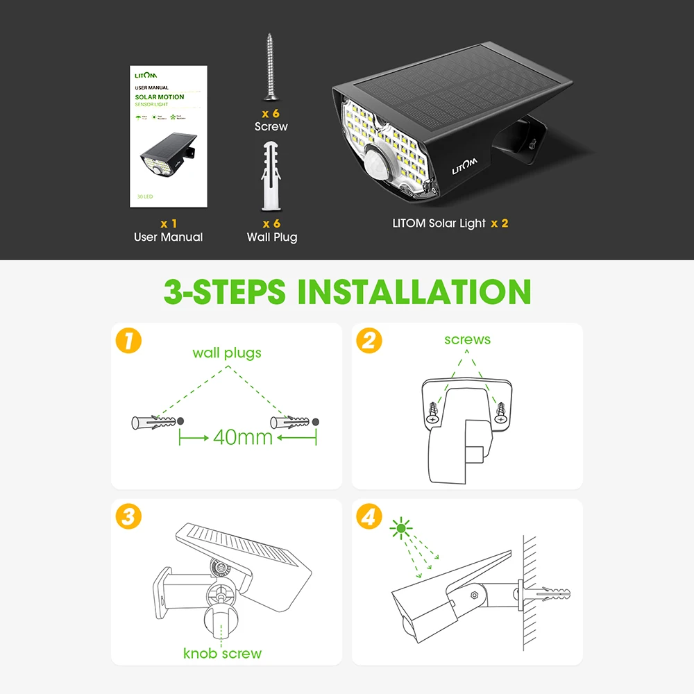 2 упаковки, Litom CD200, солнечное освещение, наружный датчик движения, ночная безопасность, настенный светильник, 30 светодиодный, IP65, водонепроницаемый, энергосберегающий, для сада, двора