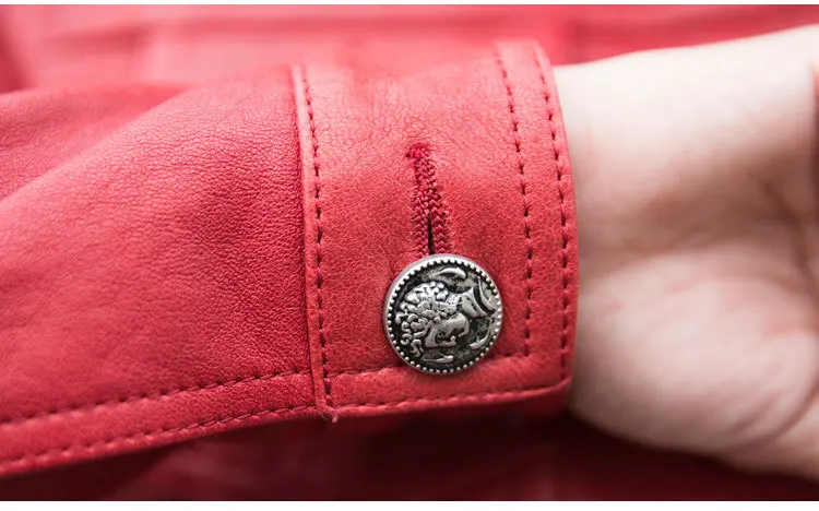 Фабрика 2017 Новинка весны женские Модные растительного дубления овчины Кожаные куртки Красный Однобортный леди куртка