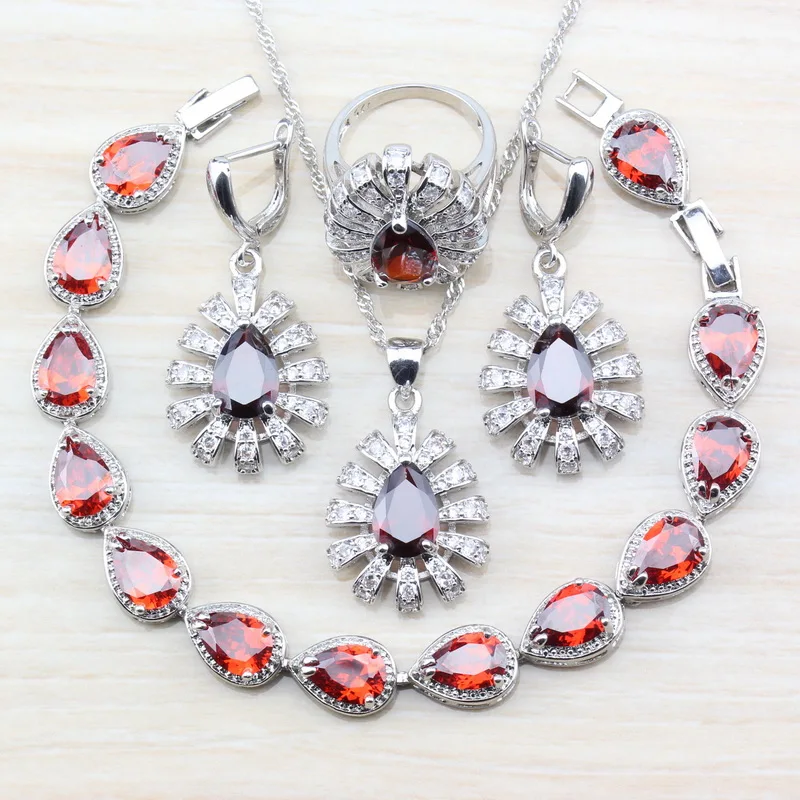 

Exclusive Water Drop Accessories 925 Silver Women Wedding Costume Red Rhodolite Jewelry Sets Ring Size 6/7/8/9/10 T261
