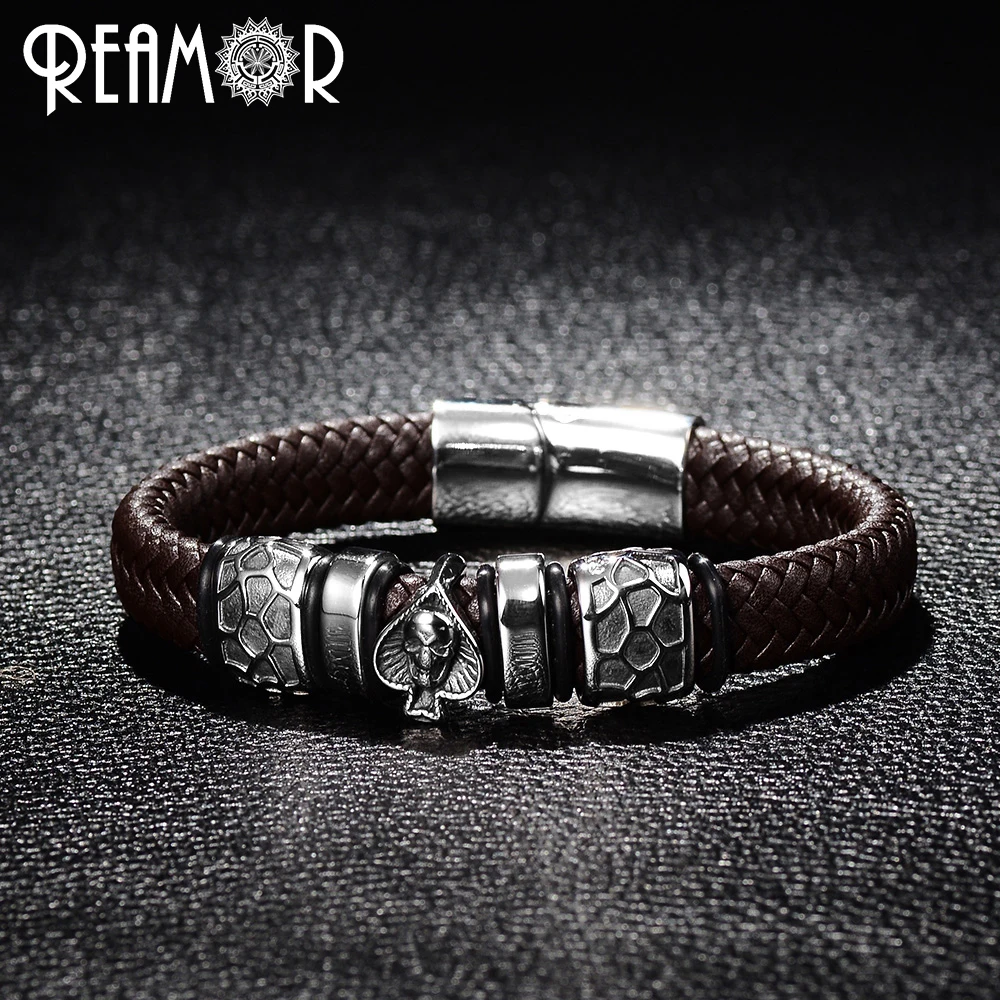 REAMOR панк стиль браслет 316L нержавеющая сталь пики череп голова талисманы трендовый мужской браслет черный широкий плетеный кожаный браслет