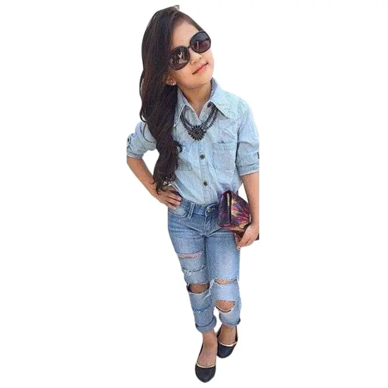 

spring kids clothes sets children denim jeans pants + t shirt clothing set baby girls leisure cartoon clothes suit