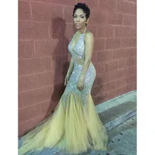 Champagne Prom Kleider 2017 Halter Perlen mit Kristall Tüll Durchsichtig Sexy Backless Formale Abendkleid Pary Kleid vestido de festa