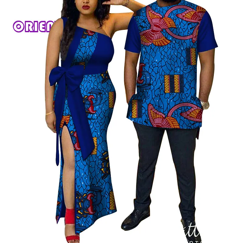 В африканском стиле Одежда для пар Для женщин одежда мужская рубашка Базен Riche Африканский принт на одно плечо Вечеринка платья футболки
