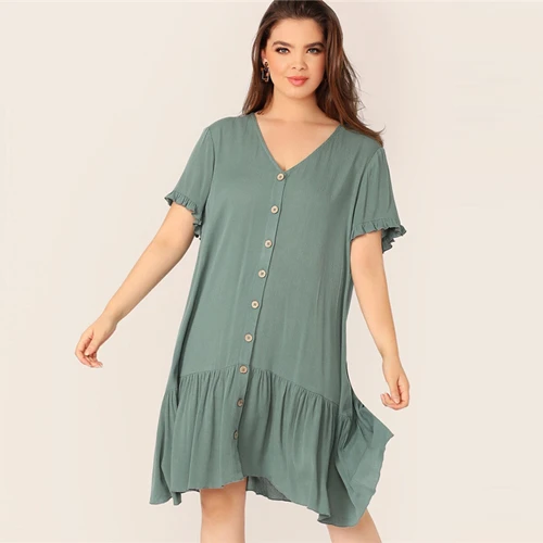 Green SHEIN, платье размера плюс, зеленое, с рюшами, с манжетами, на пуговицах, спереди, с флипповым подолом,, женское летнее Повседневное платье, с рукавами-воланами, с заниженной талией, плюс платья - Color: Green