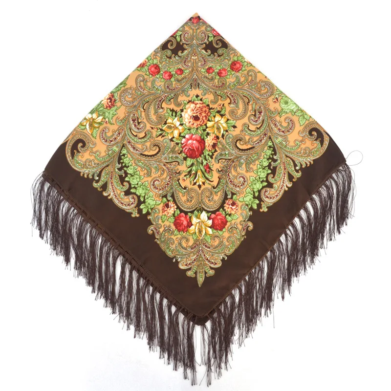 [FAITHINK] Модный женский хлопковый квадратный шарф-шаль, русская леди, подарок, кисточка, Зимний цветочный однотонный шарф - Цвет: JM34 brown