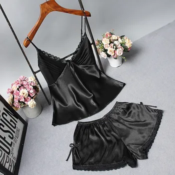 

WEIXINBUY Women Sexy Sleepwear Pure Color Pajama Set Black Lace V-Neck Sleeveless Pyjamas Cute Polyester Shorts