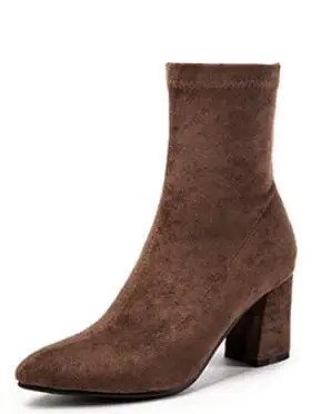 Женские эластичные носки из натуральной кожи; Ботинки martin на Высоком толстом каблуке; дизайнерские ботинки на молнии сбоку; bottes; зимние ботинки; большие размеры - Цвет: brown winter boots