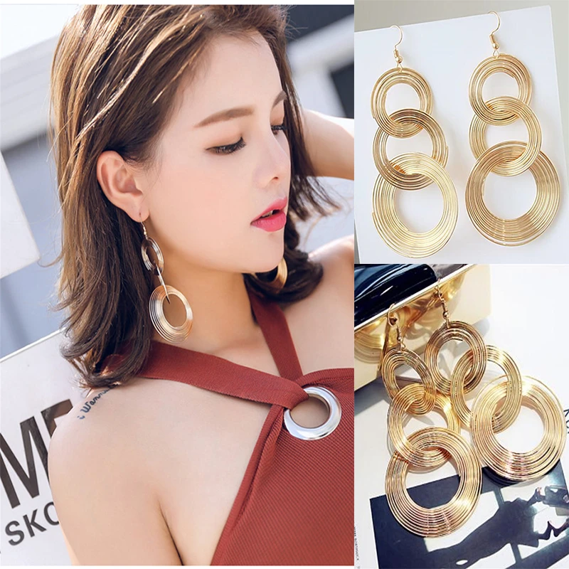 

1 Pair Vintage Gold/Silver Three Round Spiral Ring Circle Dangle/Drop Big Circle Earrings Women Steampunk Earring