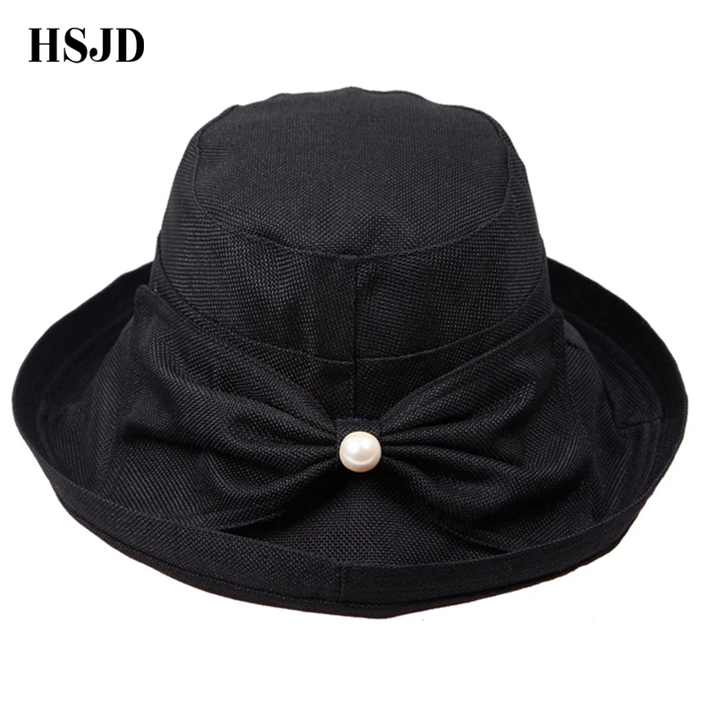 

Linen Summer Fashion Pearl Bowknot Foldable Sun Hats Female Cap Large Wide Brim Anti-UV Beach Hat Summer Hats For Women