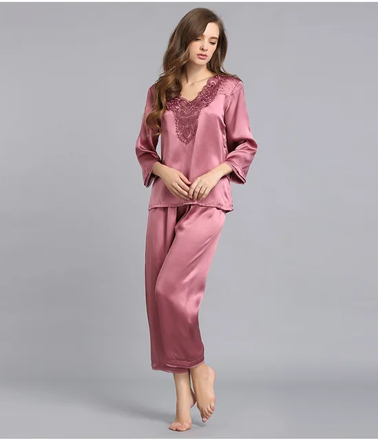 2017 New Arrival China Traditional Red 100 Silk Pajamas Set Lace