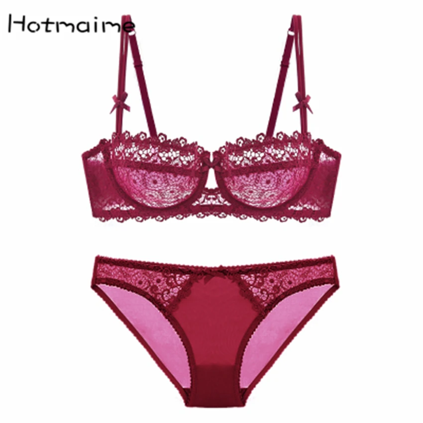  Red sexy small push up underwear plus size deep V-neck fashion cup ultra-thin transparent lace youn