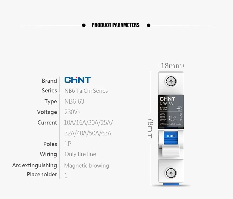 CHINT миниатюрный автоматический выключатель защита от перегрузки TaiChi NB6-63 1P серия Бытовой Воздушный выключатель 10A 16A 20A 25A 32A 40A 50A 63A