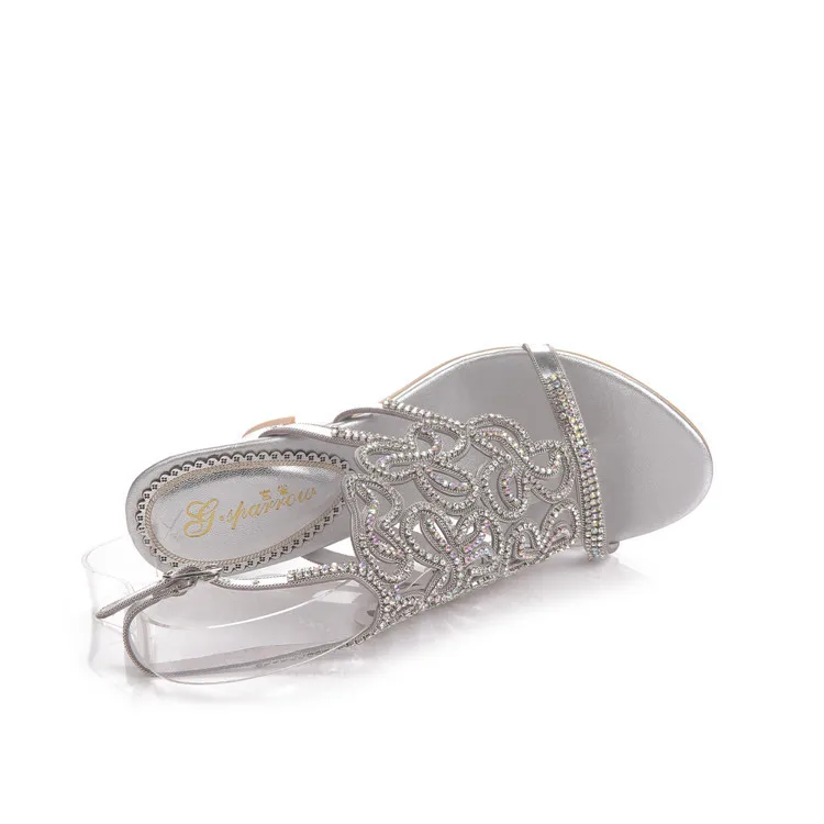 Новинка; повседневные свадебные серебряные туфли на высоком каблуке со стразами; женские летние сандалии хорошего качества; размер 11