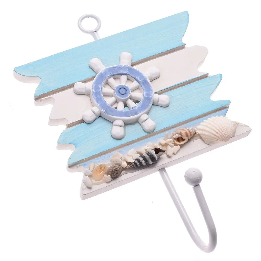 Wooden Blue Nautical Wall Sea Hooks Helmsman Shell Hangers Hanging Home