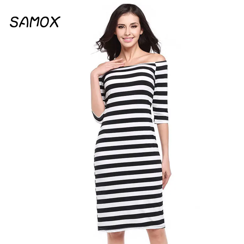 

JSMY Summer Stripe Dress 2019 New Fashion Women Off-the-shoulder Sexy Slim Fit Pack Hip Dress