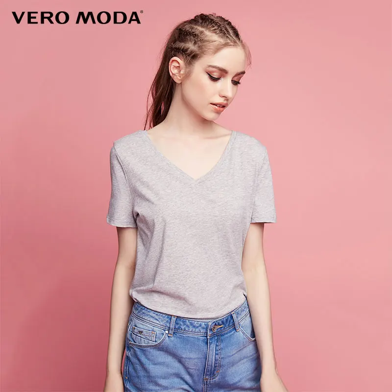 Vero Moda Женская хлопковая Однотонная футболка с v-образным вырезом | 317101513