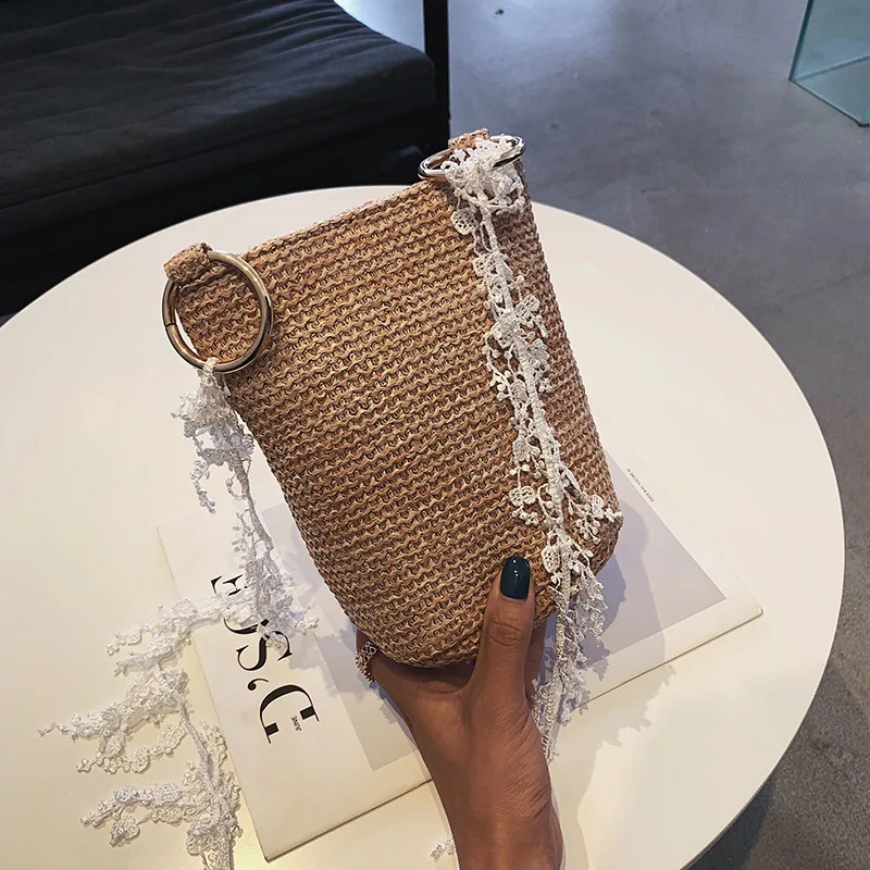 

2019 Straw Bucket Handbag Women Summer Vintage Lace Handmade Woven Straw Rattan Bag Female Simple Tote Lady's Handbag Beach Bag
