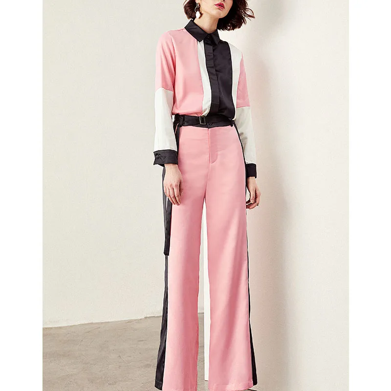Европейский Американский уличный Дизайн Женский Повседневный двойной комплект блузка широкие брюки контрастный цвет Подиум размера плюс костюмы