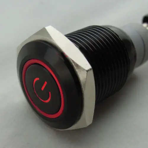 Black 16mm Red Power Angle Eye 12V LED Push Button Metal