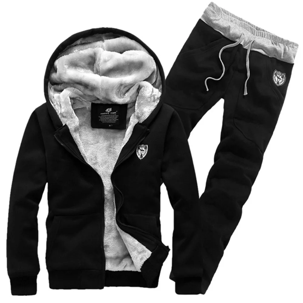 Толстые теплые спортивные костюмы для мужчин модные бархатные комплект из 2 предметов Мужская спортивная одежда Зима Серый Черный пальто с капюшоном+ брюки плюс размер 3XL