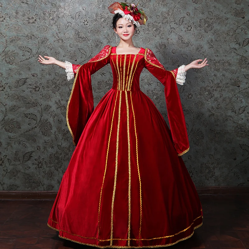 Вечерние платья Rococo Baroque Marie Antoinette с красным квадратным воротником и длинным