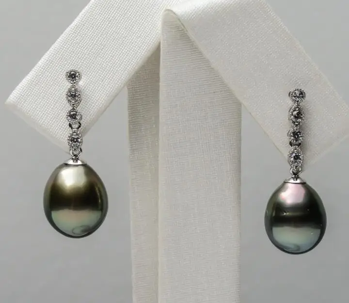 

Free shipping 9.3-9.6mm Natural Green Real Tahitian Pearl Drop Earrings