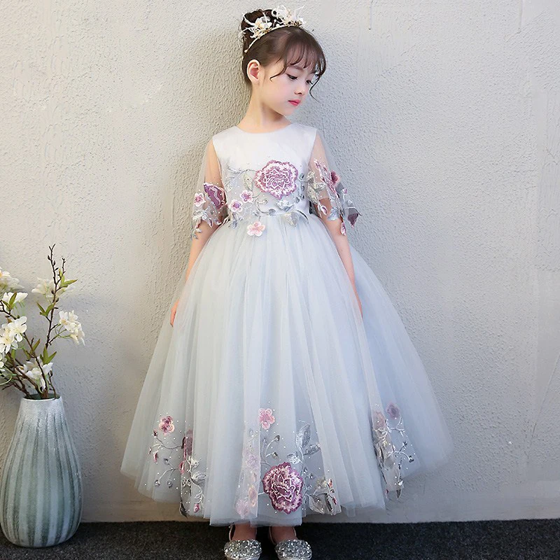 Новых детей девочек Роскошные День рождения Свадьба длинное Сетчатое платье для детей и подростков цветы вечерние праздничные модели показать платье
