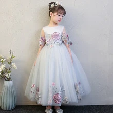 Новых детей девочек Роскошные День рождения Свадьба длинное Сетчатое платье для детей и подростков цветы вечерние праздничные модели показать платье