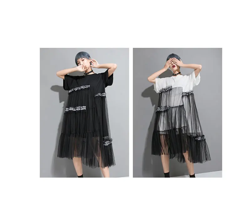 XITAO Street сетки с несимметричным подолом миди платье пуловер с коротким рукавом женская одежда свободного покроя с со складками больших размеров платье ZQ2233