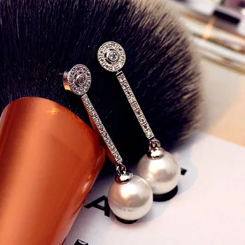 

Fashion Simulated Pearl Long Drop Earrings Elegant Cubic Zirconia Pave setting Dangle Earrings White Gold Color Women Jewelry