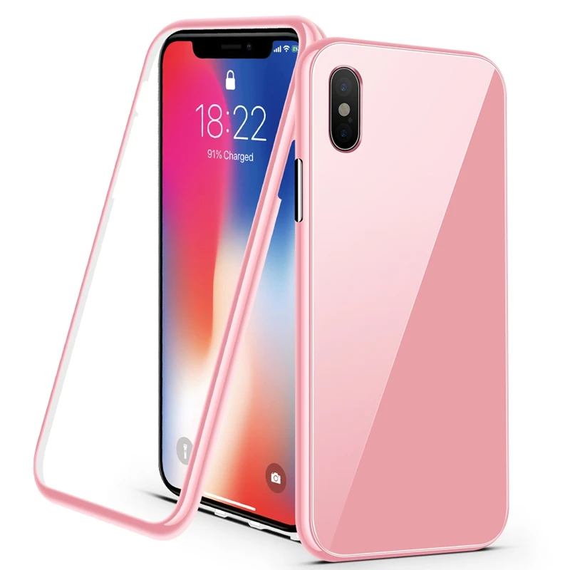 

Luxury Magnetic Flip Cover Phone Case for iPhone Xs Max Xr X 6 7 8 Plus PC Border Tempered Glass Back Cover