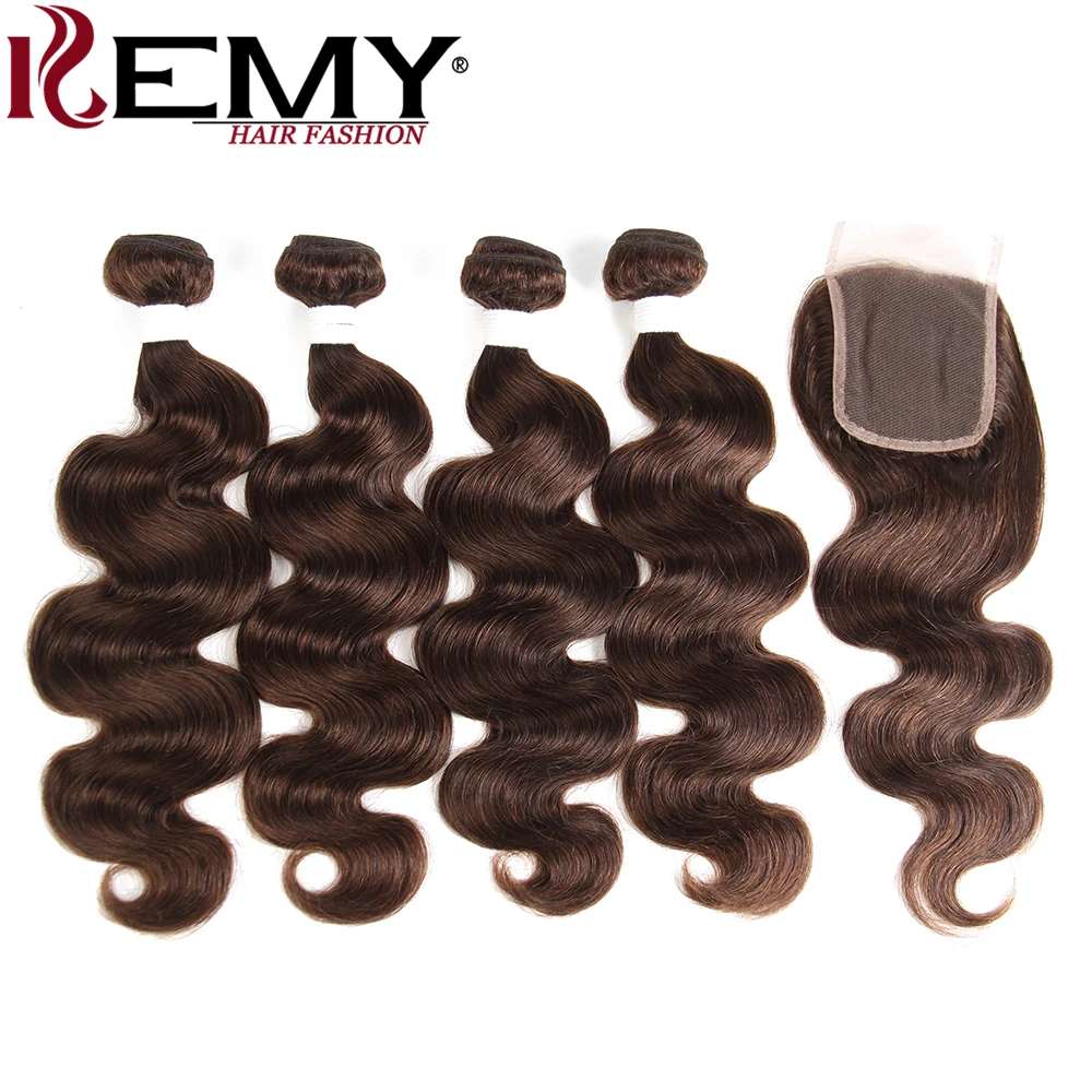 KEMY HAIR Pre-Colored Brazilian Body Wave Human Hair Bundles With Closure 4*4 Medium Brown 4# Non-Remy Human Hair Weaves 4 PCS KEMY HAIR Pre-Colored Brazilian Body Wave Human Hair Bundles With Closure 4*4 Medium Brown 4# Non-Remy Human Hair Weaves 4 PCS
