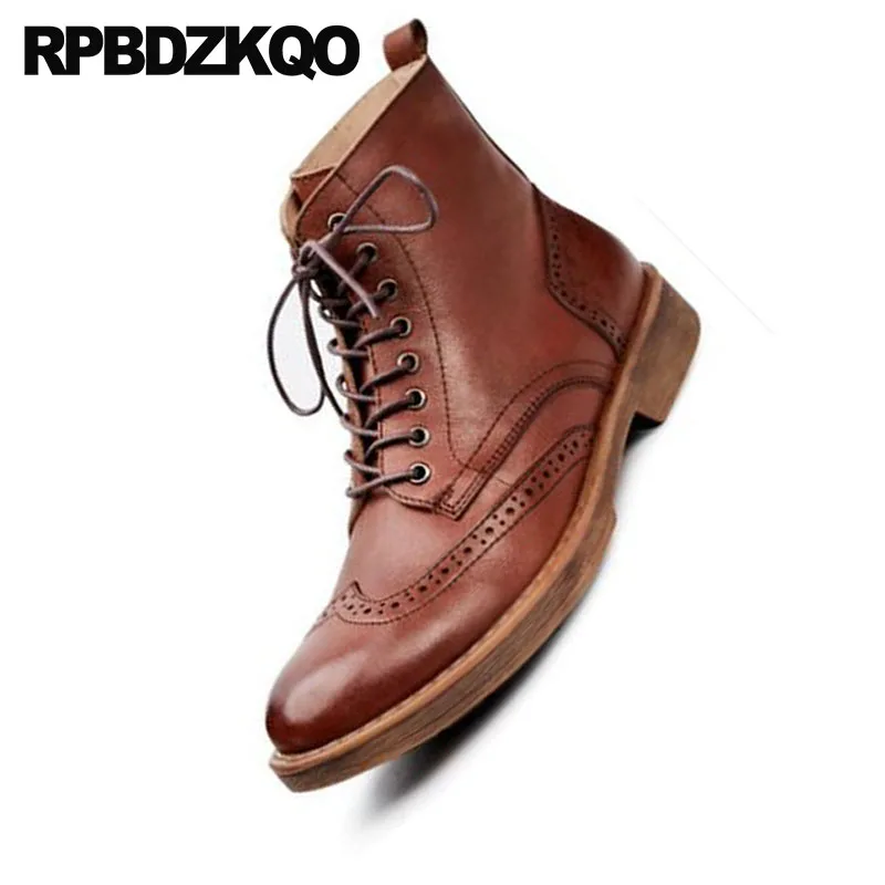 Cheville Pleine Richelieu Designer Marron Wingtip Vintage En Chunky Chaussures Véritable L'armée Militaire Bottes Brun Fleur De Hommes Rétro Combat Cuir 0Pw8OknX