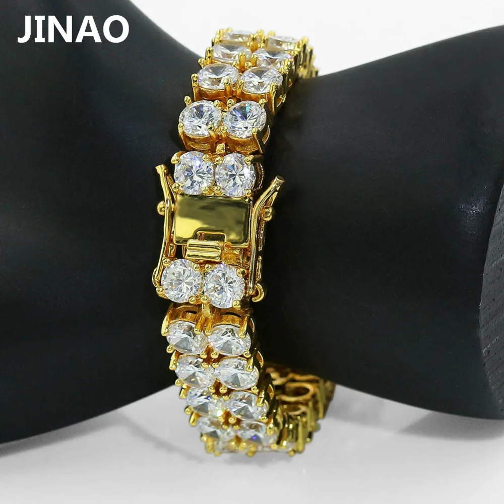 JINAO الهيب هوب أساور 2 صفوف الذهب الفضة AAA زركون معبد جميع مثلج خارج تنس بلينغ مختبر تشيكوسلوفاكيا الحجارة سوار ل هدية