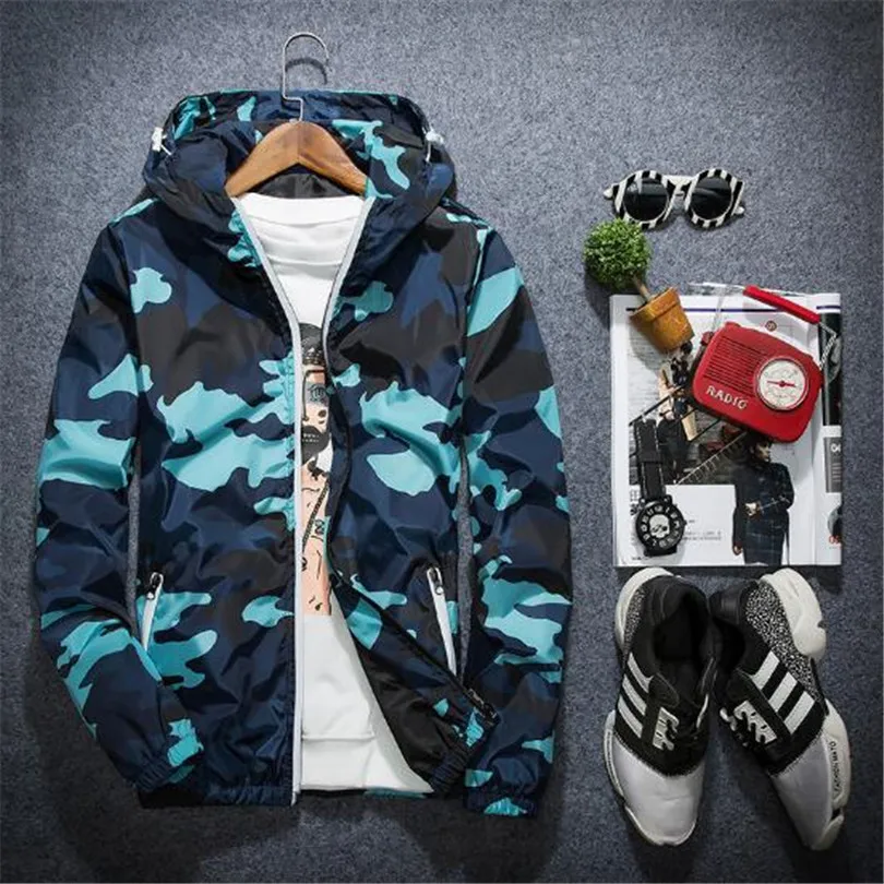 

ZHENYUEQI 2018 Autumn hooded jacket men Thin military jacket Fluorescent zipper Features windbreakers blue jacket plus size 5XL
