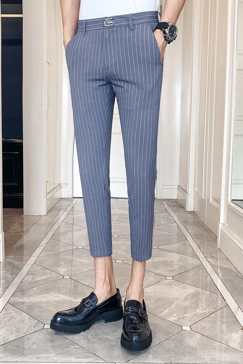 Мужские брюки в полоску формальные Erkek Pantalon облегающие серые мужские костюмы