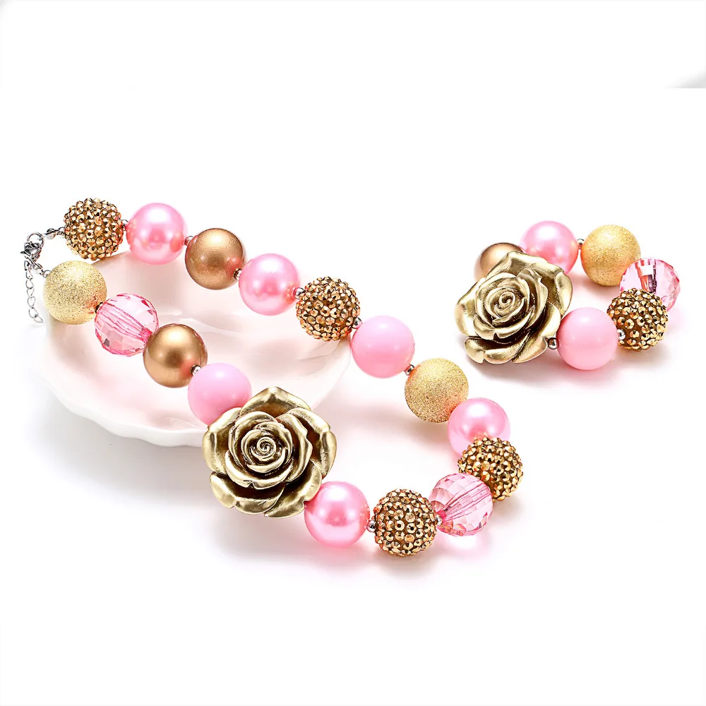 

Vcmart Girls Vintage PIink Golden Flower Bubble Necklace Bracelet Kids Chunky Choker Children Princess Jewelry Set