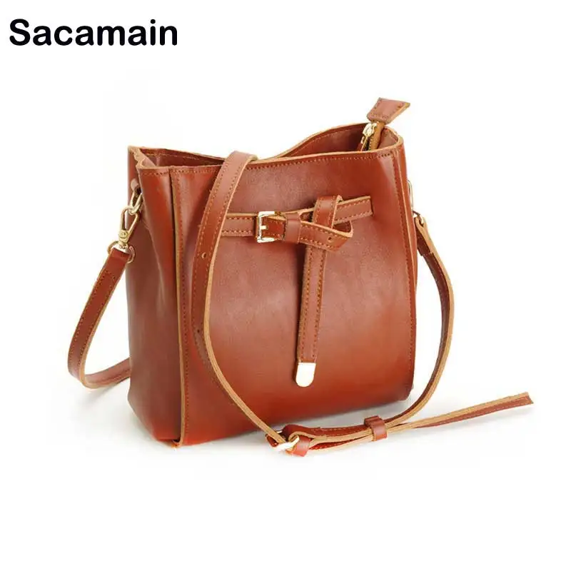 

Sacamain Brand Vintage Genuine Leather Bags For Women Bucket Messenger Bags Fashion Female Leather Shoulder Bag Crossbody sac