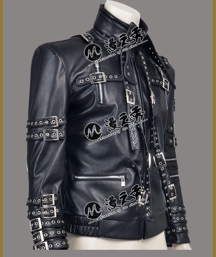 Rare MJ Michael Jackson Punk Rock Style BAD Tour Black Cotton & Leather Rivet Slim Zipper Jacket Outwear
