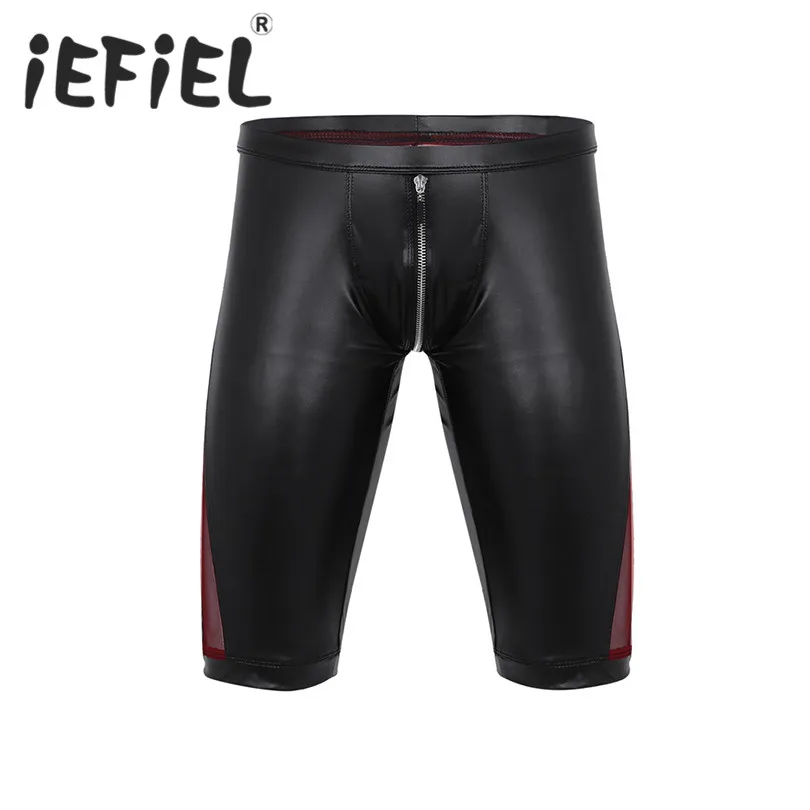 

iEFiEL Fashion Sexy Mens Summer Faux Leather Zipper Crotch Mesh Splice Low Rise Slim Fit Tight Boxer Nightclub Clubwear Shorts