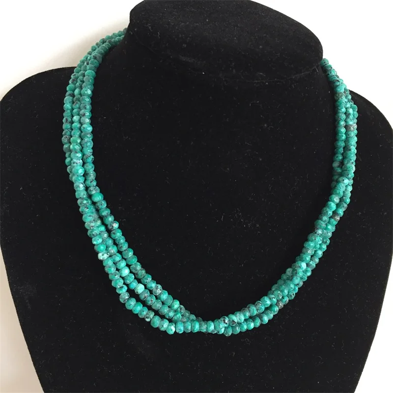 

Three-Layers 3x4mm Green African Turquoises Natural Rubys Color Jades Faceted Emeralds Blue Sapphires Beads Necklace 3strands