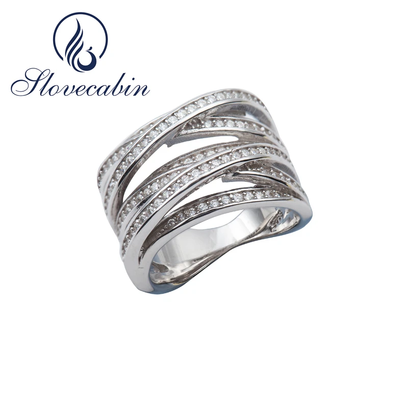 

Slovecabin Russia Popular Jewelry Pure 925 Sterling Silver Stack Wedding Rings For Women Multi layer X Ring With Pave Stone