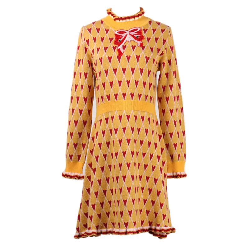 

GRUIICEEN autumn ruffle knitted dress with bow tie long sleeve workwear dresses runway designer dress GY2018330