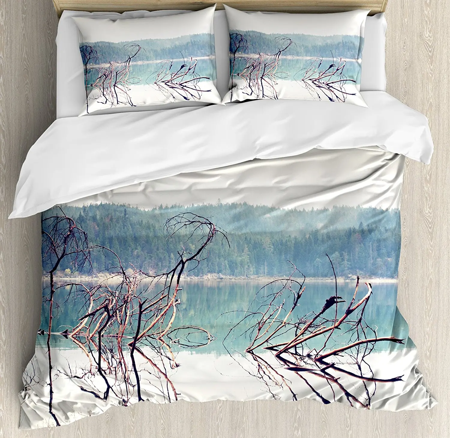 

Driftwood Duvet Cover Set Nature Theme Branch of the Fallen Tree near the Mountain Lake and the Forest 4 Piece Bedding Set