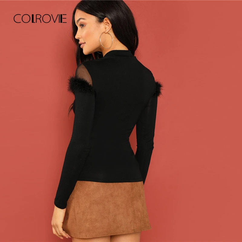 Черная сетчатая футболка COLROVIE с искусственным мехом Корейская зимняя женская