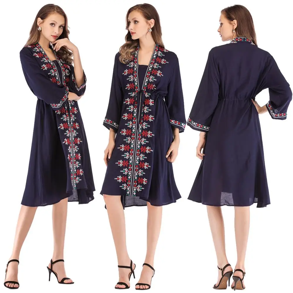 

Women Dress Ethnic Ukraine Gown Vintage Embroidery 3/4 Sleeve Skater Dress Retro